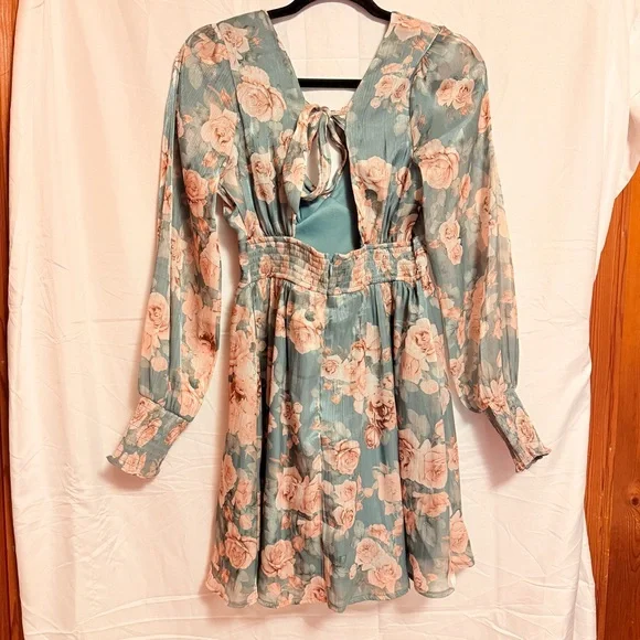Altar'd State Floral Long Sleeve Dress in Teal and Cream - Picture 6 of 6
